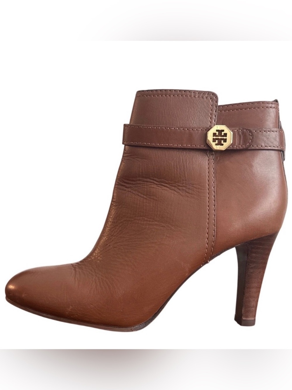 Tory Burch Cognac Leather Logo Strap Ankle Booties Stiletto Heel Size 8